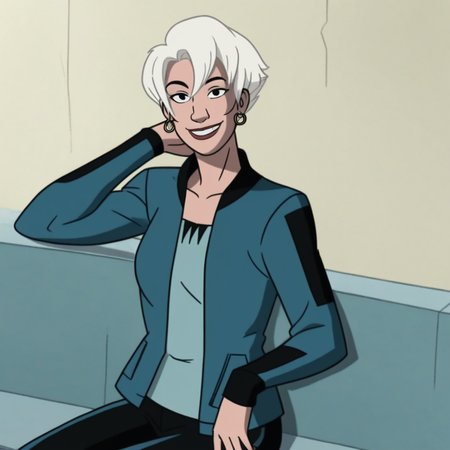 score_9, solo, mayparker, 1girl, short hair, white hair, earrings, sitting, jacket, looking at viewer, smile