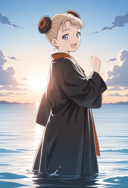 <lora:AlvisEHamiltonIL:1>, alviseh, on water, side view ,looking back, robe, black robe, sun, clouds, open mouth, smile, splash,  solo,
looking at viewer, eye contact, 
masterpiece,best quality,amazing quality,
