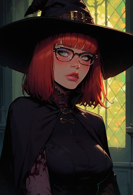 score_9, score_8_up, score_7_up, high quality, 1girl, nerdy-cute witch girl practices spells in arcane laboratory, fair skin, red hair, straight hair, bangs, green eyes, glasses, pouty lips, slim hourglass figure, nubile, big breasts, natural breasts, wide hips, black lace collar, witch hat, skimpy black dress, green fireballs. solo_portrait, closeup, blushing, astonished, fantasy interior, dramatic lighting,