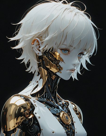 Manga style, detailed hyperrealism, full-body automaton (Jamie Hewlett, John Berkey), with short, straight white hair, opal medallion, head tilted to one side, face hidden by hair, very high contrast, overhead lighting, darkness , nudity, black background; 3D rendering, 4K <lora:Sinozick:1> <lora:epi_noiseoffset2:1>