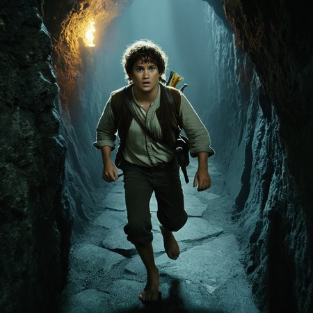 Horror-themed,  <lora:The Lord of the Rings style v2:0.6>
 <lora:The Lord of the Rings style:0.6>
 <lora:Chiaroscuro Lighting Style:0.5>
Inside mount doom In a Fantasy Middle-earth world in the dark ages a hobbit man running down a narrow hallway in a cave,solo,shirt,1boy,jacket,male focus,pants,vest,running , dramatic light, dramatic shadow light, film contrast, cinematic film color, cinematic film look, filmic, realistic, realism, perfection, perfect, movie still, fantasy drama, epic drama, fictional, Age of Wonders, Age of Empires, warriors,  Medieval style, middle ages, dungeons and dragons style, different people, different, unique, kingdoms and castles, violent, aggressive, detailed, perfection, detailed face, detailed body, detailed hands, detailed eyes, sharp, horror themed, dark themed, epic fantasy adventure film style, Legendary, mythical, The Lord of the Rings style, Eerie, unsettling, dark, spooky, suspenseful, grim, highly detailed