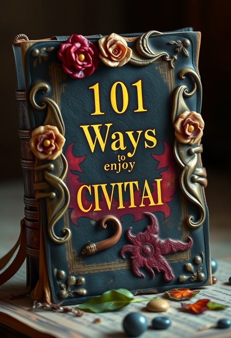 An ancient dusty torn leather covered book, carefully decorated, with magical glowing golden writing on the cover that says 101 Ways to enjoy CIVITAI