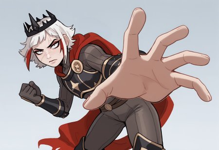 score_9, score_8_up, score_7_up, score_6_up, lilandavastyle BREAK, incrspunchmeme, 1girl, solo, short hair, white hair, multicolored hair, makeup, scar, crown, armor, gloves, bracers, bodysuit, cape, thick thighs <lora:Ulfger_PDXL:0.6> <lora:add-detail-xl:0.3>  <lora:PepePunchMeme_XLPD:0.7> <lora:Lilandava_PDXL:1>