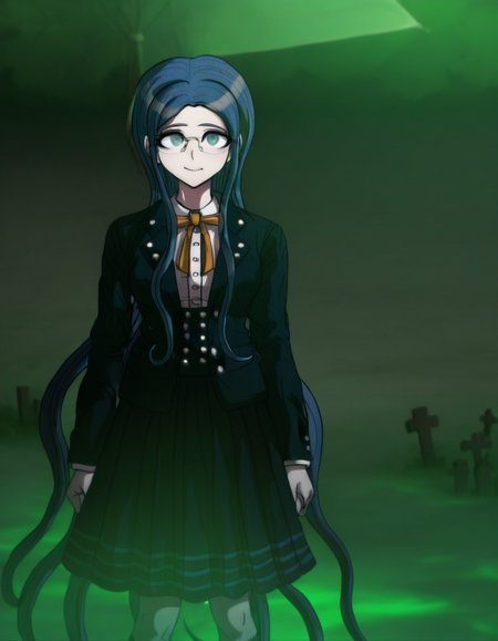 masterpiece, best quality, <lora:Tsumugi_Shirogane_Illustrious:1>, In the art style of Rui Komatsuzaki, artist: Rui Komatsuzaki,   This anime screencap is from Danganronpa the Animation. . Tsumugi Shirogane wearing her uniform from Danganronpa V3. Tsumugi Shirogane has knee-length dark teal-blue hair parted in the center which is straight and smooth at the base and gradually splits into waves near the tips. Her eyes are large, round, and are a soft teal-green color. Tsumugi wears round, rimless glasses with white temples. Tsumugi's Danganronpa V3 school uniform consists of a white blouse with an orange bow tied at her collar underneath a two-button, pocketed, teal-black school blazer adorned with two silver buttons on each lapel and a single button on each gorge. She wears a knee-length teal-black pleated skirt with two dark teal stripes lining the hem. Her legwear consists of dark navy knee-length socks and teal-gray loafers. On a Halloween-themed Jabberwock Island, Tsumugi Shirogane relaxes under a blue and white striped umbrella adorned with fake spiders. The palm trees are draped with orange fairy lights, and a spooky fog rolls in from the ocean. A small graveyard prop set occupies the foreground, complete with plastic tombstones and skeleton decorations.