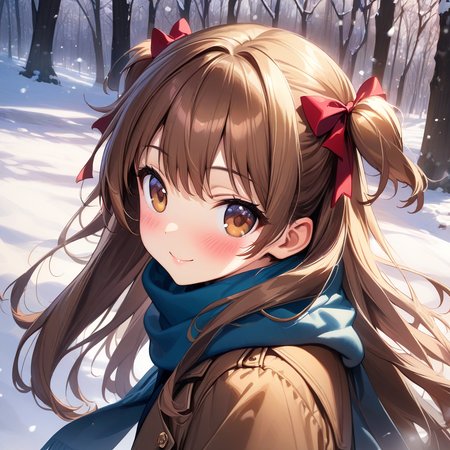 (masterpiece),(best quality),(ultra-detailed),(best illustration),(best shadow),(absurdres),(detailed background),(very aesthetic), rina_ogata, 1girl, solo, brown hair, scarf, snow, long hair, smile, blush, two side up, brown eyes, ribbon, looking at viewer, tree, hair ribbon, snowing<lora:XL-RinaOgata:1>