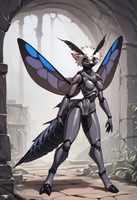 score_9, score_8_up, score_7_up, score_6_up, score_5_up, score_4_up, 
source_furry, rating_explicit, 
solo, female, 
brown and white body, fur, grey fur, fluffy, furred body,
short hair, white hair,
anthro, 
arthropod, insect, arthropod abdomen, black eyes, exoskeleton, joints
moth, lepidopteran, lepidopteran wings,
4 wings, multi wing, wings, 
2 antennae, antennae anatomy,
2 toes, toes, feet, digitigrade,
4 arms, 5 fingers, fingers, multi arm, 
smile, pose,
 ruins, magic, 
detailed background, digital art, hi res, detailed, fantasy art,
Vintage, 1990s \(style\), 90s4n1m3, retro artstyle