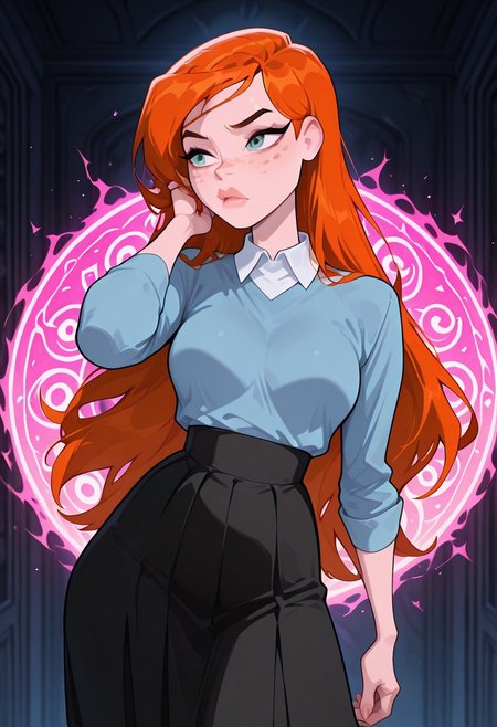 ((screencap, cartoon)) , masterpiece, best quality, amazing quality, very aesthetic, absurdres, newest,
ovgwen,  orange hair, 1girl,  freckles,, lips
long hair, flowing hair, blue shirt, white collar, black skirt, long sleeves, 
 pink magic discs