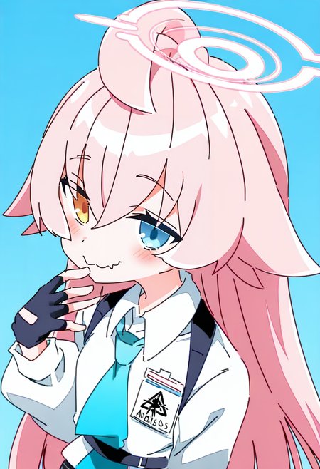1girl, hoshino \(blue archive\), solo, heterochromia, fingerless gloves, gloves, pink hair, shirt, necktie, white shirt, halo, long hair, black gloves, blue eyes, collared shirt, ahoge, fang, simple background, closed mouth, hair between eyes, blue necktie, long sleeves, bangs, smile, blush, looking at viewer, blue background, upper body, very long hair, hand up, yellow eyes <lora:ixyXL_NBVP1_lokr_V6311PZ:0.95>