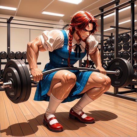 masterpiece, best quality, absurdres,
WSwolethy, scowl, strained, sweating, breathing_heavy, brown_beard, barbell squats, holding barbell,
gainz socks, gainz shoes, blue dress, gainz shirt, barbell,
from front, wide shot,
gym, wooden floor, weights,