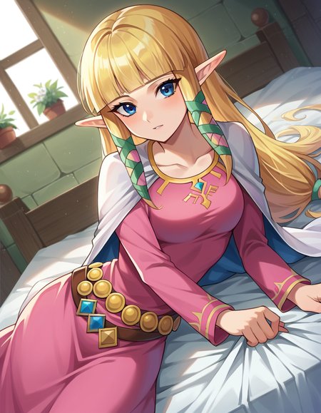 score_9, score_8_up, score_7_up, source_anime,
princesszelda, <lora:zelda-skyward-sword-ponyxl-lora-nochekaiser:1>,
zelda skyward sword, blonde hair, blue eyes, long hair, pointy ears, sidelocks, elf, bangs, blunt bangs, ribbons, hair ribbons,
belt, cape, dress, long sleeves, pink dress, white cape,
indoors, bed, bed room, on side,
looking at viewer, cowboy shot, dutch angle,