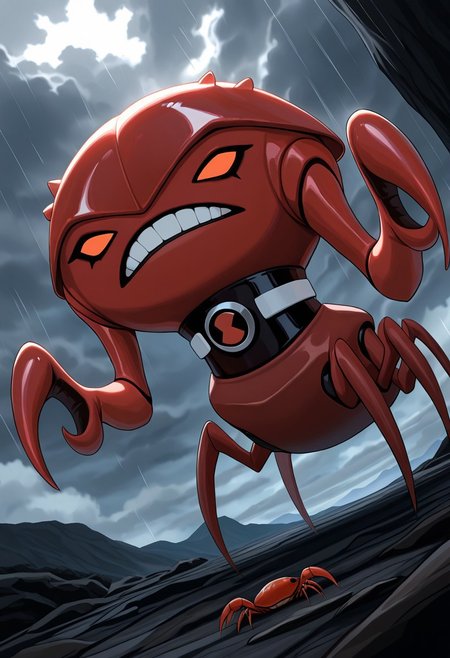 masterpiece, best quality, amazing quality, very aesthetic, absurdres, newest,
brainstorm, solo, teeth, no humans, pokemon (creature), , clenched teeth,  crab, crab claws, , , collar,, full body, spider legs, lobster claws, chela, 
massive crab claws, massive lobster claws, smile, tilted angle, rainsy night, gloomy sky, greay sky, heavy clouds,