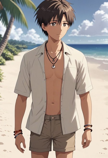 high resolution, solo, best quality, 1Boy, Takaki Toono, Brownish Hair, Brown Eyes, shallow depth of field, beach, open shirt, shorts, sixpack, necklace, bracelet, coconut tree, OverallDetail