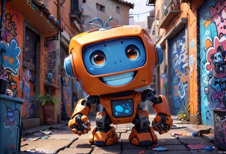 a orange [and blue] chibi robot, with a PC screen as head, smile, outside street, graffiti walls, sprays,