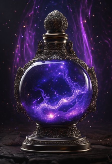 Score_9, Score_8_up, Score_7_up, Score_6_up, Score_5_up, Score_4_up, high_def, highest quality, 4k, best quality, masterpiece, focused, defined, (Photorealistic magic potion:1.3), intricate glass bottle, elixir, black color, bubbling, ethereal light, flashy lights, magic lights, luminous, dynamic reflections, magical aura, highly detailed, fantasy essence, glowing particles, radiant aura, A3THER