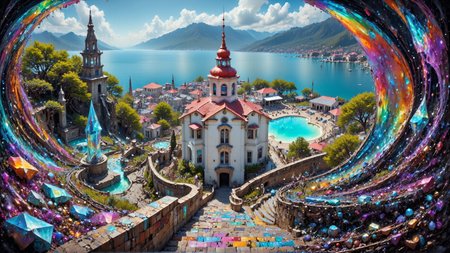 Photograph of a Moderne coastal town viewed from a steep, stone staircase. The staircase is flanked by rough tsavorite. Below, the town features colorful buildings with red and white roofs, a central plaza, and a large blue harbor. The background includes a lush Psychedelic landscape with Nebula vegetation. The scene is bright and sunny.
 <lora:DarksunRIDDV3:1> <lora:flux_hyperkraximalism-crazy:0.6> <lora:dwd:1> <lora:Prismatic_Crystal-World_Morph-Flux:0.75> prismatic crystal, entirely made out of prismatic crystal