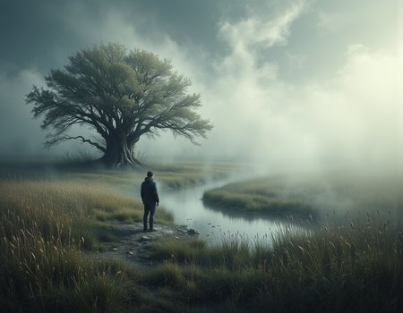 a scene featuring a lone figure standing near a small pond, the edges of their silhouette gently dissolving into a swirling mist. Nearby, tall grasses sway in the breeze, their tips fraying as if they too are losing substance to the surrounding atmosphere. In the distance, a cluster of trees stands with their bark peeling away, revealing faint lines that resemble old scars. The overall composition feels unstable, as if the very fabric of reality is beginning to unravel.