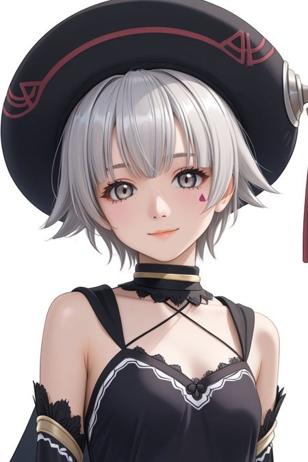source anime, detailed, official art, masterpiece,
<lora:HandFineTuning_XL:1>
BREAK,
simple background, white background, cowboy shot,
light smile, upper body, 
BREAK,
<lora:atoliShino_pdxl_v01:0.8>
gushino,silver hair, gray eyes, facial mark, black dress, black headwear, black bloomers,  black cape, single facial mark, bare shoulders, detached sleeves, 
BREAK,
