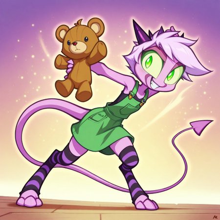 Dreamkeepers,1girl,Prelude_Namah,solo,demon tail, green eyes, horns, 
Animated cartoon character, young, light purple anthropomorphic creature, holding a tattered, light brown teddy bear, raised arm, expressive eyes, and a mischievous grin.  The character's clothing includes a dark gray/black, close-fitting tunic-style top, and teal striped thigh-high socks. The character's body posture is dynamic, showcasing a slightly elevated pose.  The background is a soft, muted lavender-gray.  A light pink creature is partly visible in the foreground, underneath the main character.  The style is comic book-inspired, featuring bold outlines and flat colors.  A light green, monster-like stuffed animal is clutched in the character's other hand.  The lighting is bright, emphasizing the character's features.  Focus is on the central character, with slight blurring of background elements.  Details of the design are somewhat exaggerated, with large eyes, expressive mouth, and slightly oversized limbs.  Overall, the image conveys a whimsical, fun, and playful mood.