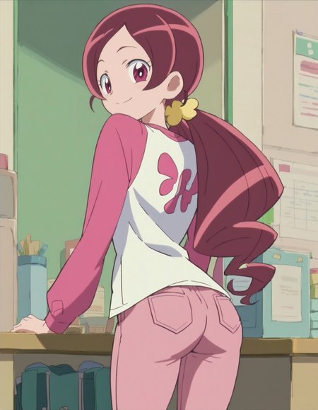 score_9, score_8_up, score_7_up,1girl,solo, anime screencap,hanasakitsubomi, 1girl,shirt,pink sleeve,pants ,cowboy shot,low twin tails,long hair,looking at viewer,smile,blush,from behind,bent,ass<lora:hanasakitsubomi:0.8>