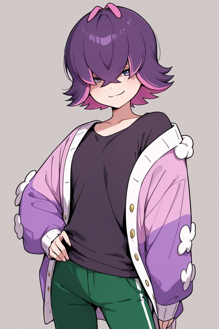 masterpiece, best quality, 1girl, solo,  aaDotPKMN, purple eyes, purple hair, pink hair, multicolored hair, two-tone hair,  short hair, hair over eyes, bangs, black shirt, long sleeves, jacket, open clothes, green pants, smile, looking at viewer,   <lora:DotPokemonIXL_v1:1.0>, cowboy shot, hand on hip, smug, smile, looking at viewer, shiny skin,