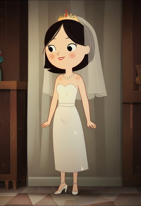 zPDXL3, source_cartoon, Perfect Hands, full body, 1girl, solo, saoirse, black hair, black eyes, blush, short hair, smile, Red Lipstick Full body, barefoot, Perfect Hands, Wedding dress, Wedding veil, Golden tiara, white high heels sandals, indoors,  (detailed backbround:1.3)