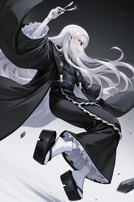 1girl,
CureNinjaSlayer, 
general, solo, dynamic angle, from side,
long hair, white hair, short eyebrows, black eyes, eyelashes,
pale skin,
black kimono, frills, obi, tabi, geta,
battle, looking away, evil smile,
holding knife, scalpel, arm at side,
grey theme, japan, 
<lora:kp_CureNinjaSlayerIllustrious_v1_0:1.0>,
masterpiece, best quality, amazing quality