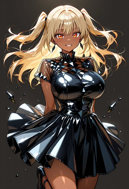 best quality, amazing quality, simple background,((outlined outlined vector graphics)),   simple background,  front view ,  looking at viewer ,
1girl, 20yo, (large breast:1.2), orange eyes, (blonde hair:1.3),long hair, (two side up:1.1), (dark skin:1.6), dark skin girl, (tall:1.2), (abs:0.7),bangs, cute face, earings,
black diamond clothes,, black dress, smile  , parted lips  short sleeve dress,   jumping,  ,  arms behind back, , see-through<lora:black-diamond-il-20:0.9>