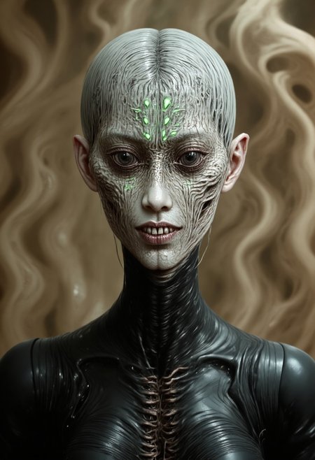 Hyper-realistic extreme close-up digital portrait of an alien-like humanoid with reptilian features. The elongated bald head has smooth, pale gray skin and no visible ears. Intricate bioluminescent circuit-like patterns and glowing white tribal tattoos are etched across the scalp, face, and neck, following a symmetrical design. The small, dark, almond-shaped eyes convey ancient wisdom, featuring visible moisture and reflection. A subtle, knowing smile reveals a hint of sharp teeth. The creature wears a high-collared, form-fitting black garment, possibly leather, with angular lines and mysterious symbols. The background is filled with swirling, ethereal fog in muted golden-brown and beige tones, creating depth and an otherworldly atmosphere. The color palette includes cool grays and whites with hints of pale green in the markings. Dramatic chiaroscuro lighting emphasizes facial contours, casting gentle shadows and enhancing the three-dimensional effect. The skin texture features impeccable detail, with fine pores and a slight sheen suggesting non-human biology. The photorealistic rendering has a cinematic quality, as if captured on a high-end digital camera, with sharp focus on facial features and a slight depth of field blur towards the edges. The subject is slightly off-center, gazing directly at the viewer, evoking an eerie, mysterious, and subtly threatening mood.