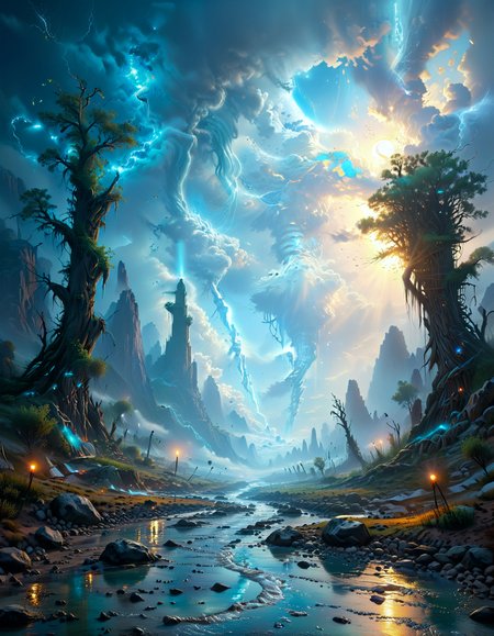 [fantasy landscape:1.2|surreal landscape:1.2| Sci-fi landscape]
a dark, enchanted forest, with towering ancient trees, misty pathways, eerie sounds, and glowing fireflies,
,
Haboob engulfing desert highway,
Contrails crisscrossing cerulean sky,
Flashlight beam in dense fog,
Ice breakup on arctic rivers,
Glacial meltwater torrents,
,
Obelisks covered in unblinking eyes,
Tornadoes weaving DNA strands,
Kazuo Koike 
dynamic range, f/22, shutter speed 1/2 sec, iso400, white balance auto, exposure compensation    "+1.5 ev", manual shooting mode, framing, focus mode continuous, evaluative metering,
(masterpiece:1.4), (intricate details:1.4), (hyperrealistic:1.3),(painting:0.9),(ultra detailed:1.4), (8k resolution:1.3), (sharp focus), (dramatic perspective:1.1), (chromatic aberration:0.3), (film grain:0.2),
<lora:JuggerCineXL2:0.3>,
<lora:add-detail-xl:0.3>,
<lora:WildcardX-XL-Detail-Enhancer:0.4>,
<lora:xl_more_art-full_v1:0.7>,
<lora:ClassipeintXL2.1:0.5>,
<lora:Flux-XL_Scenery:0.5> flux-scenery ,
detailxl,