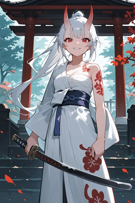 (score_9, score_8_up, score_7_up) BREAK source_anime, 1girl, solo, red eyes, white hair, long hair, ponytail, oni horns, japanese clothes \(hadanugi\), print kimono, arm tattoo, sarashi, smile, looking at viewer, cowboy shot, holding, weapon, katana, holding weapon, holding katana,  standing, outdoors, shrine,  <lora:hadanugi_dousa_v1:1>