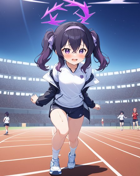 haruka \(blue archive\), white_shirt, halo, gym_uniform, hair_bow, black_bow, black_hairband, white_socks, track_jacket, open_mouth, 2girls, buruma, white_footwear, legs, solo_focus, twintails, open_jacket, long_sleeves, blush, thighs, full_body, outdoors, standing, shorts, :d, gym_shirt, sweat, teeth, sneakers
<lora:haruka_(blue_archive)_image830_2023-11-26-000015:1>halo. gorgeous,key visual, vibrant, studio anime,award-winning, professional, highly detailed,high budget, cinemascope