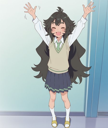 (masterpiece:1.4), (best quality:1.4),  very aesthetic,illustration, newest,best quality, amazing quality, very aesthetic, absurdres,
1girl,kouki_kokoro,purple eyes, black hair,  long hair, very long hair,messy hair,ahoge, 
 <lora:kouki_kokoro:1>
yusen_school uniform,  green necktie,white shirt, sweater vest,  very long hair, blue skirt, brown sweater vest, long sleeves,collared shirt, pleated skirt, wavy hair, white socks,knee highs,sandals
waving,arms up
 :d,smile,closed eyes
standing,full body