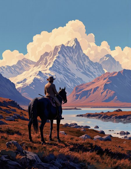 By Artem Chebokha. A digital illustration shoot from the side about a silhouette of a cowboy riding a horse in a mountainous landscape with a river in the background. the image also shows a serene landscape. on the middle of the image, a cowboy is sitting on a horse, facing away from the viewer. the cowboy is wearing a cowboy hat and a long coat, and is holding a rifle in his right hand. the horse is standing still, with its mane and tail flowing in the wind. the background features a stunning mountain range with snow-capped peaks, and the river below reflects the colors of the sky, which is a mix of blue, pink, and orange hues. the scene is set against a backdrop of a clear blue sky with fluffy white clouds.