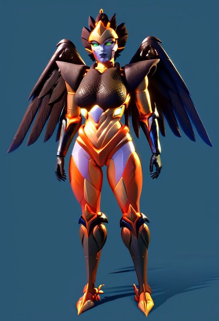 score_9, score_8_up, score_7_up,score_6_up, Expressiveh, 1dk, solo, 1girl, perfection, dark setting,
Airazer,  robot, mecha, black skin,  gold skin,  multicolor skin,  metallic skin,  feathers,  wings,
Standing,
