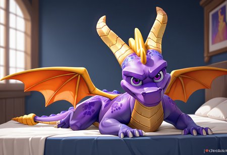 score_9, score_8_up, score_7_up, score_6_up, score_5_up, score_4_up, solo, rating_safe, source_furry, 1boy, bedroom, smile, full body, laying,
,
solo, dragon, horns, purple eyes, wings, claws
,
by_dreiker
