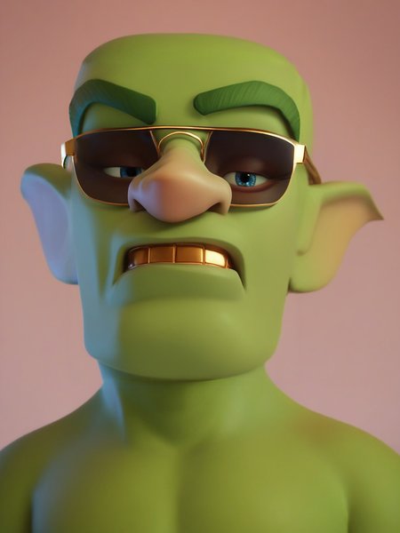 score_9, score_8_up, score_7_up, score_6_up, in clsh artstyle, 3d render, 1boy, goblin, solo, looking at viewer, green skin, pointy ears, colored skin, wearing sunglasses, jewelry, gold chain, gold tooth, grinning, teeth, arms folded, upper body, from below, <lora:Clash_Supercell_Style_LoRA-000007:1>