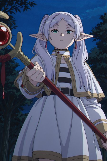 shiny skin, posing,
<lora:soufrie.il:1.0>,
soufrie,
frieren, 
empty eyes, looking at viewer, low angle, shade face, cowboy shot, outdoors, night, dark, 
holding staff,  aiming staff to viewer,