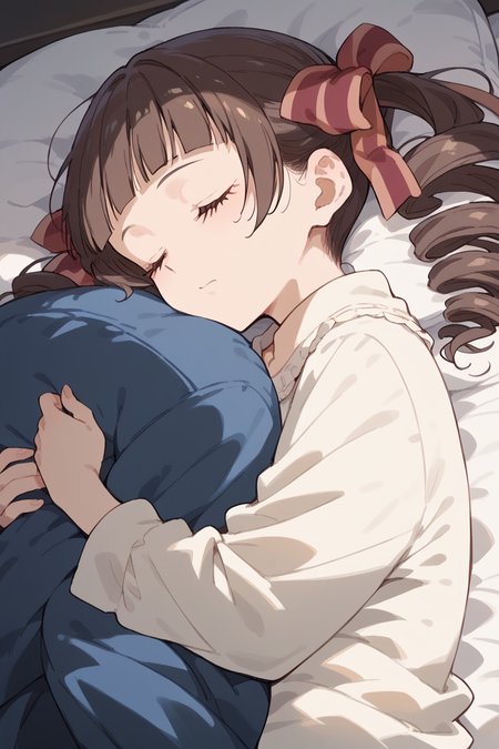 score_9, score_8_up, score_7_up, score_6_up,
 <lora:Touko_Matsudaira:1> touko, closed eyes, 1girl, drill hair, sleeping, brown hair, twin drills, solo, ribbon, twintails, hair ribbon, blunt bangs, sleeping upright, bangs