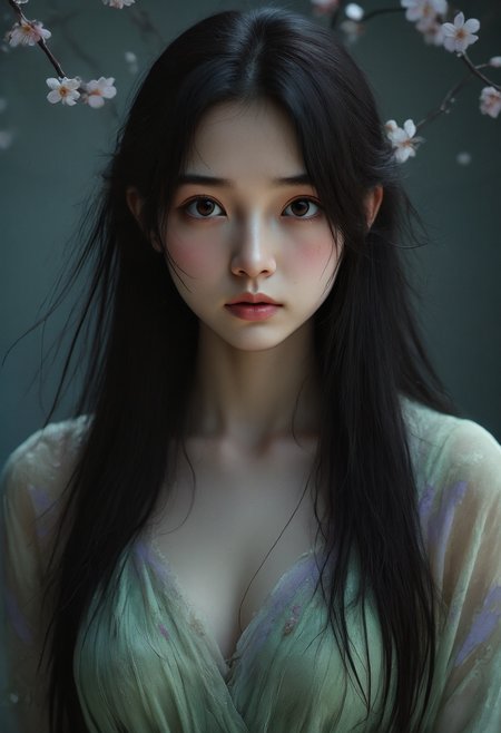 hyperrealistic art A mesmerizing portrait capturing the essence of timeless beauty ---- Her hair streamed down in a cascade of ink-black silk, so long and lustrous it seemed to pool on the floor like a living thing. Her robes were of layered silk in shades of spring green and lavender, blending as if she carried the dawn with her. But it was her face, serene as the moon reflected in still water, that stole his breath. Her every movement was soft, deliberate, and imbued with a quiet dignity that made her seem otherworldly. Even the air around her seemed sweeter, tinged with the faint scent of plum blossoms
vulnerable expression. The background is silhouetted, creating a dramatic and mysterious atmosphere
Japanese woman
Heian period (794â1185)<lora:Dever_Flux_Enhancer:0.85>  <lora:Anime v1.3:0.9>  <lora:kolorsasianface-flux1d:0.7> Asian