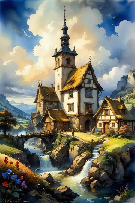 A hyper-realistic, ultra-detailed watercolor painting featuring a fantastical landscape with a village at the end of time. The scene has a perfect composition and chiaroscuro inspired by Rembrandt, with concept art elements by Mariusz Lewandowski, Louis Aston Knight, Karine Eibatova, John Howe, Jessica Rossier, JarosÅaw JaÅnikowski, Inessa Garmash, HenriÃ«tte Ronner-Knip, and Harumi Hironaka. The painting is vibrant, beautiful, painterly, detailed, and textural.
Watercolor painting, masterpiece, best quality, hyper detailed, ultra realistic, 32k, RAW photo, landscape, fantasy, village at the end of time, perfect composition, chiaroscuro by Rembrandt, concept art, vibrant, beautiful, painterly, detailed, textural, artistic, Rembrandt, Mariusz Lewandowski, Louis Aston Knight, Karine Eibatova, John Howe, Jessica Rossier, JarosÅaw JaÅnikowski, Inessa Garmash, HenriÃ«tte Ronner-Knip, Harumi Hironaka.
<lora:add-detail-xl:1.0>,
<lora:EnvyBetterHiresFixXL01:1.0>,
<lora:extremely_detailed:1.0>, extremely detailed,
<lora:EldritchMixIllustration_1.1:0.6>,
<lora:watercolor:0.4> watercolor,
<lora:EnvyInkSwirlXL01:0.25> swirling ink,