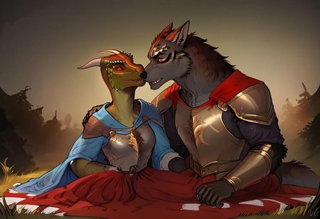 score_9, score_8_up, score_7_up, score_6_up, score_5_up, score_4_up, (warewolf:1.6), (2 characters:1.25), rating_safe, (dress, robe:0.8), (armor:0.5), (skyrim:1.2), (warewolf in armor:1.6), warewolf with argonian, (green and blue scales:1.5), (green scales:2), (anthro reptile with wolf:1.2), (colourful background, in the forest:1.2) (blue sky:0.4), (green background:0.6), argonian female, female reptile, male wolf, male werewolf, (having a picnic:1.2), furry male, flat color, easynegative