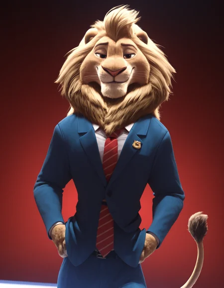 zootopia artstyle,
masterpiece, best quality,
pinup pose, looking at viewer, perfect face, colorful, dramatic angle, unique perspective, unique angle, detailed, intricate details, highres, absurdres, smile, on stage, furry male, solo, lion, lionheart, red necktie, lion tail, whiskers, brown eyes, blue suit, white shirt, brown fur, smug, cowboy shot, closed mouth
<lora:Zootopia_Art_Style_ill_3D:0.95>âââ