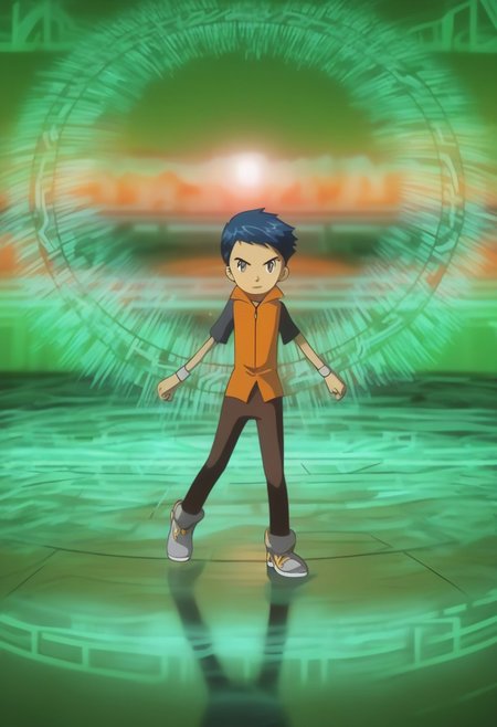 grey wristbands, grey sneakers, dark brown trousers, detailed face, detailed eyes, solo, standing, full body,henry wong, blue hair, grey eyes, orange vest, black shirt,short hair, dynamic pose,character focus, depth of field, glowing particles, reflection, blue theme, red theme, green theme, orange theme, yellow theme,, glowneon, glowing, sparks, lightning