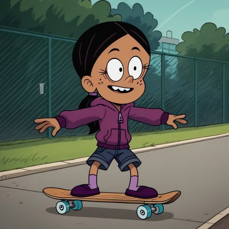score_9, score_8_up, score_7_up, score_6_up, 1girl,solo,best quality,4k,
dark tan skin, black hair worn in a low ponytail, freckles on her cheeks, two buck teeth,show accurate, perfect anatomy, four fingers,
purple hooded jacket, dark blue jean shorts, and dark purple flats with light pink socks,
skateboarding, public park,