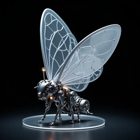 extreme Close-up render of a cybernetic butterfly perched gently on an invisible pedestal. Wings are made of translucent polymer with etched circuitry patterns and motorized hinge arrays. The body features sleek chrome plating, exposed actuators, and a glowing microreactor core. Background is a pure black gradient fading to shadow. Studio-grade rendering with a sense of delicate motion.
 <lora:MechnifyingGlassMk1:1>
