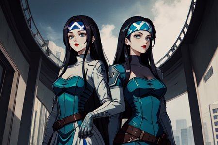 highly insanely detailed, masterpiece, top quality, best quality, highres, 4k, 8k, RAW photo, (very aesthetic, beautiful and aesthetic),  
beth_\(megami_tensei\),bethsmtii,shin megami tensei ii,long hair,black hair,straight hair,sleek black,jewelry,cross,headband,red_lipstick,Blue_dress,armored_corset,blue shirt,Tokyo_Millennium,post-apocalyptic_city,dystopian_world,Arcadia,Utopian_district,demon-free_zone,false_paradise,Millennium_News_Network,City_news,propaganda_broadcasts,information_contro, 
<lora:zs_Beth:0.5>, 
(1girl:1.3), 1other, 
(pure cyan background,transparent background:1.2),âââ