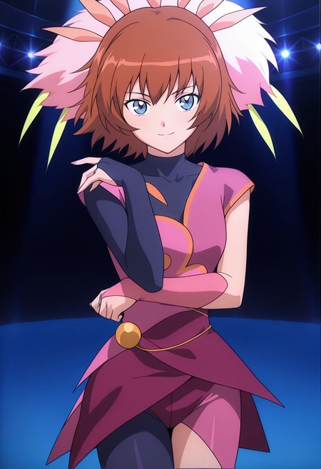 masterpiece, best quality, very aesthetic, absurdres, 1girl, solo,
<lora:rosetta_passel_v02:0.9>, rosetta_passel, rosetta_stage, brown hair, short hair, blue eyes,
feathers, asymmetrical clothes, single sleeve, single elbow gloves, single leg pantyhose, smile, posing, upper body