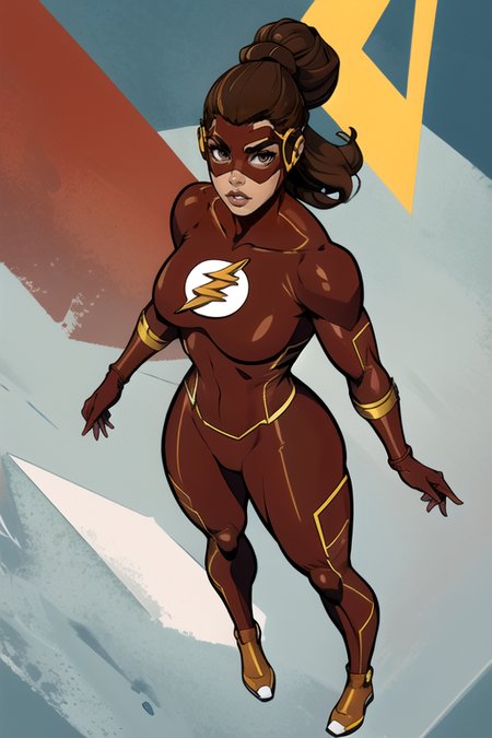 masterpiece,best quality,extreme detail,8k,image sharpness,<lora:flash-20:0.6>,flashwoman,1girl,solo,breasts,looking at viewer,brown hair,gloves,lips,bodysuit,mask,animification,full body,standing pose,(curvy),