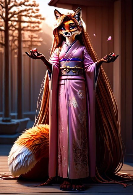 score_9_up, score_8_up, score_7_up, <lora:colorkimonoPony:1>, <lora:0712 kimono_v1_pony:1>, <lora:DetailedEyes_V3:1>, <lora:HandFixer_pdxl_Incrs_v1:0.5>, (masterpiece), (best quality), hyper detailed, perfect anatomy, anthro fox girl, dazzling, perfect face, handfixer, 5_fingers, handpaw, hindpaw, fox furry,
sexy, seductive, (absurdly long hair:1.75), very long hair, floor length hair, orange hair, hairflower, violet eyes, beauty mark, print_kimono, ruanyi0712, floral print, pink kimono, obijime, sandals, tabi, wide sleeves, orange fur, (tail rooted in coccyx:1.2), dusk, anthro, female furry, fox, fox tail, fox ears, body fur, fluffy, paws, closed mouth, sunset, trees, outdoor, in spring, falling petals, cherry blossoms, looking_at_viewer
