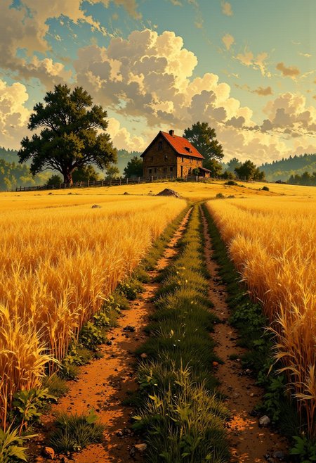 French Countryside – Wheat Fields & Golden Twilight
"A dreamy wheat field in the French countryside, glowing under a warm golden twilight. The golden crops sway gently in the breeze, their movement creating a soothing rhythm. A narrow dirt path cuts through the landscape, leading toward a rustic barn with a red roof, nestled among clusters of oak trees."
